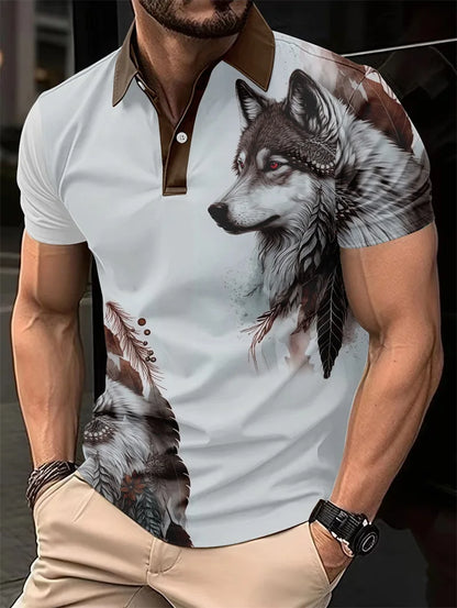 Plus Size Summer Golf Men's Casual Lapel Polo Shirt 3d Wolf Print T-shirt Fashion Clothing Breathable Short Sleeve Top