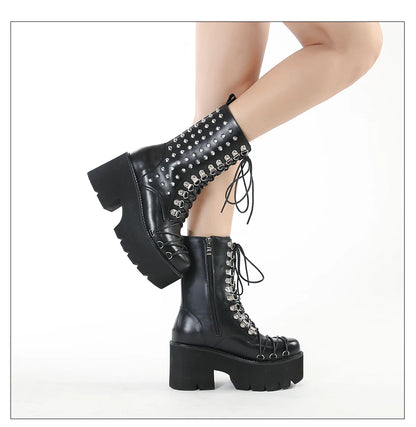 Gdgydh Handmade Women Motorcycle Punk Boots Mori Girl Lady Lolita Boots Woman High Top Boots Platform Fahion Rivets Goth Dark