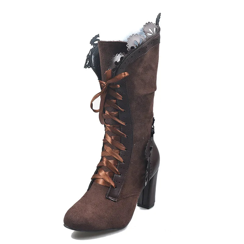 High Heel Boots Women Steampunk Women Sexy Leather Suede Boots Autumn Vintage Winter Shoes Women Lace Up Cosplay Boots