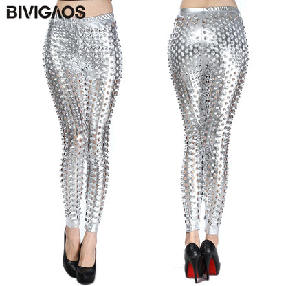 BIVIGAOS Women Sexy Leggings Rock Style Metal Holes Bright Faux Leather Leggings Fish Scales Legging Pants Gothic Leggings Women