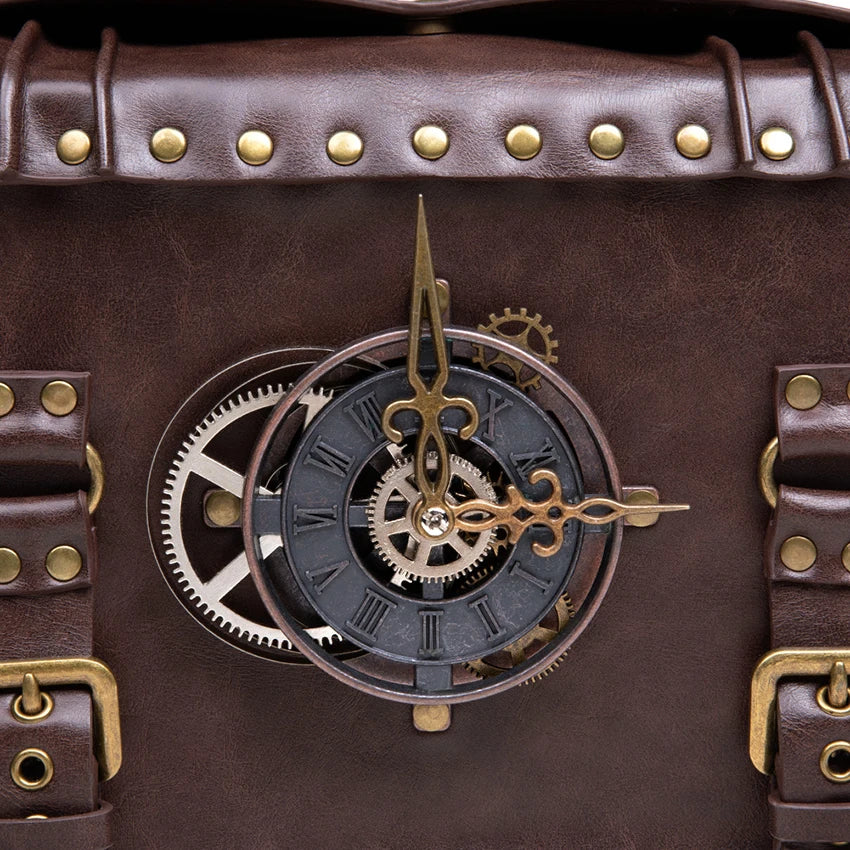 PU Leather Briefcase Shoulder Bag Medieval Steampunk Vintage Handbag Messenger Women's Clock Tote Crossbody Side Hand Bag Man