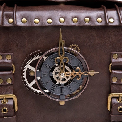 PU Leather Briefcase Shoulder Bag Medieval Steampunk Vintage Handbag Messenger Women's Clock Tote Crossbody Side Hand Bag Man