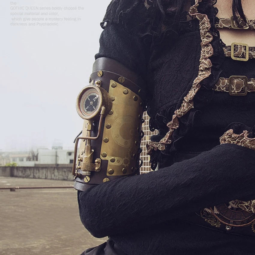 Gothic Medieval Steampunk Arm Bracelet Armlet Cosplay Anime Accessory Mechanical Vintage Compass Metal PU Leather for Woman