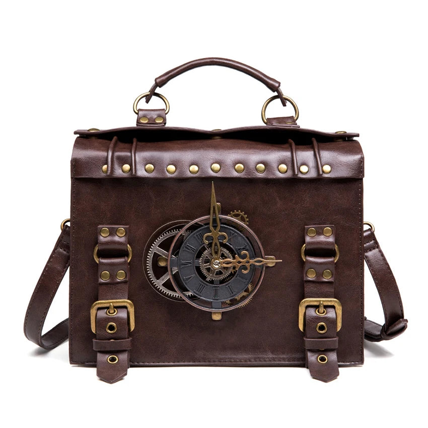 PU Leather Briefcase Shoulder Bag Medieval Steampunk Vintage Handbag Messenger Women's Clock Tote Crossbody Side Hand Bag Man