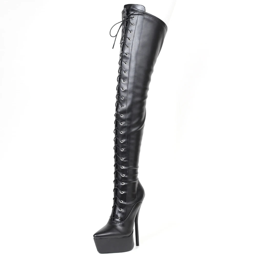 JIALUOWEI Womans Steampunk Stiletto Black Sexy Lace Up Over Knee Thigh High Boots Stretch