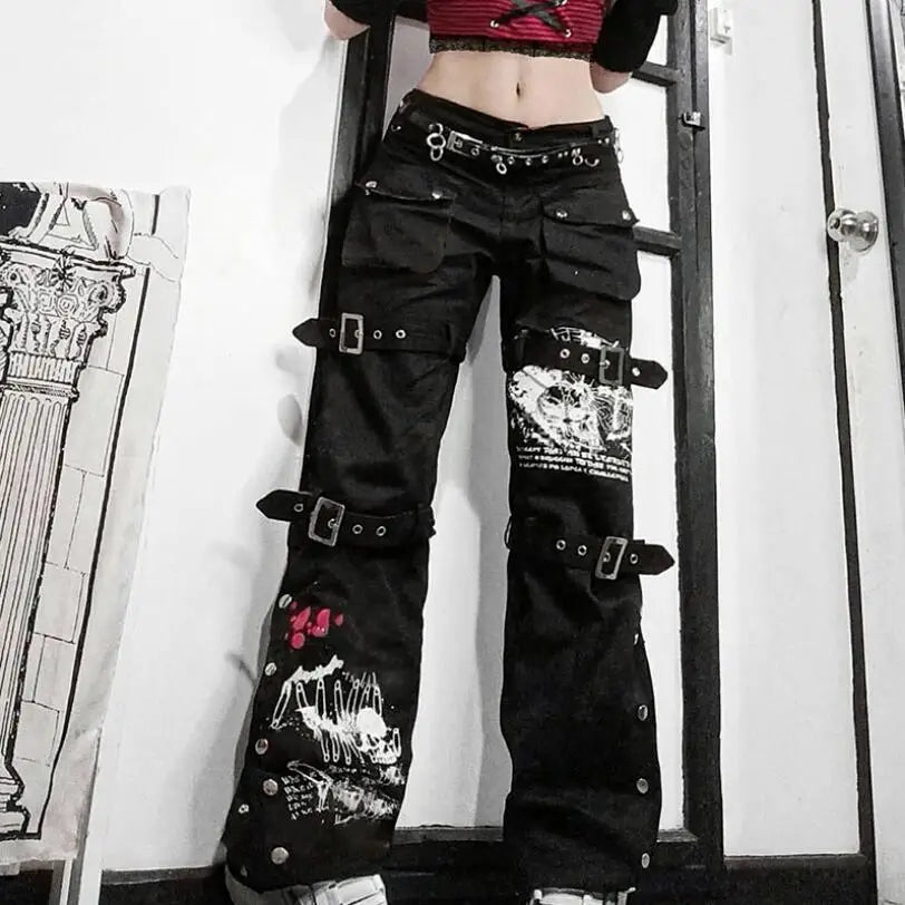 Y2K Punk Skull Print Black Buckle Jeans Women Harajuku High Waist Big Pocket Trousers Goth Mall Cargo Denim Pants Techwear w704