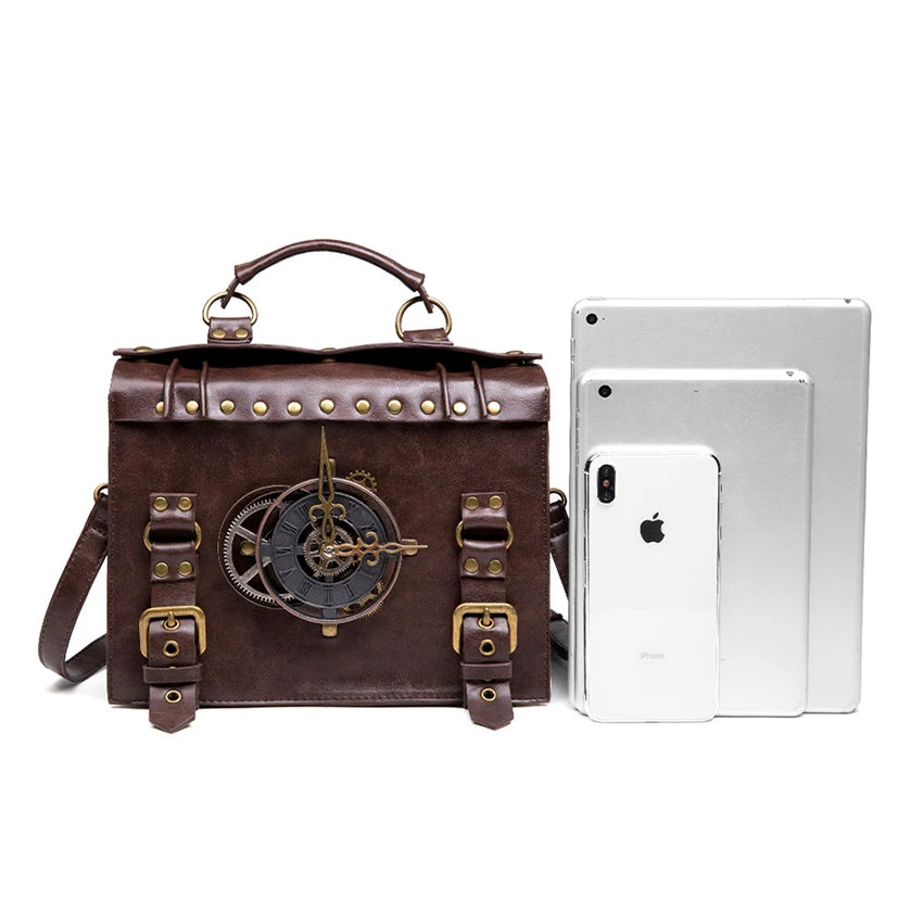 PU Leather Briefcase Shoulder Bag Medieval Steampunk Vintage Handbag Messenger Women's Clock Tote Crossbody Side Hand Bag Man