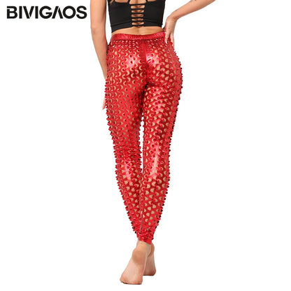 BIVIGAOS Women Sexy Leggings Rock Style Metal Holes Bright Faux Leather Leggings Fish Scales Legging Pants Gothic Leggings Women