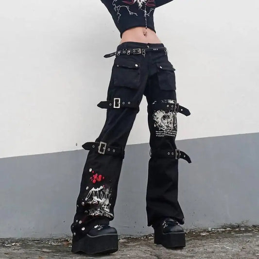 Y2K Punk Skull Print Black Buckle Jeans Women Harajuku High Waist Big Pocket Trousers Goth Mall Cargo Denim Pants Techwear w704