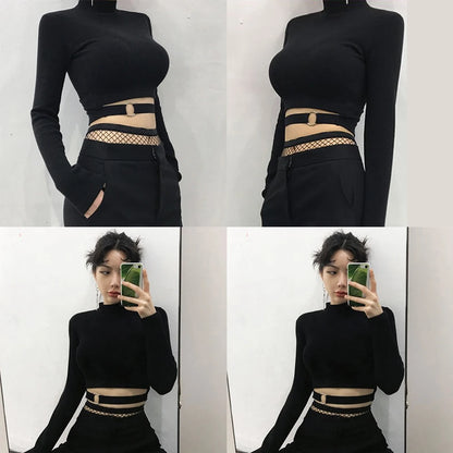 Women Slim Short T-shirt Sexy Tight Turtleneck Long Sleeve Goth Crop Top Solid Black Club Autumn Spring Streetwear Harajuku