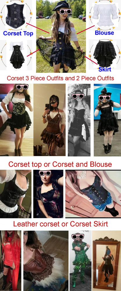 Corset Skirt Blouse 3 Piece Pirate Leather Bustier Rockabilly Skull Korsett Christmas Costumes Steampunk Carnival Party Outfits