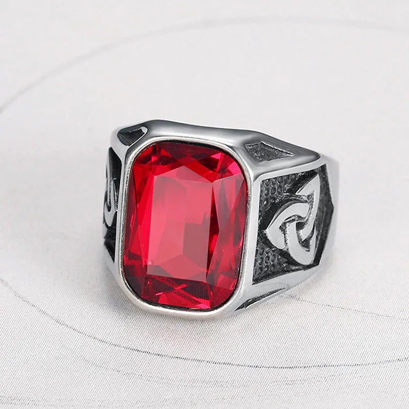 Fashion Viking Geometric Red Crystal Ruby Gemstones Diamonds Rings for Men Titanium Stainless Steel Hip Hop Jewelry Accessories