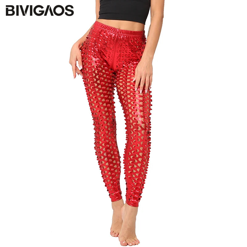 BIVIGAOS Women Sexy Leggings Rock Style Metal Holes Bright Faux Leather Leggings Fish Scales Legging Pants Gothic Leggings Women