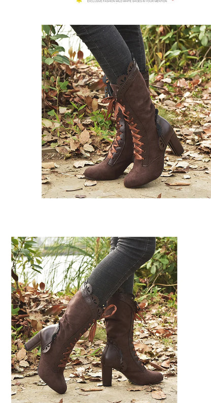 High Heel Boots Women Steampunk Women Sexy Leather Suede Boots Autumn Vintage Winter Shoes Women Lace Up Cosplay Boots