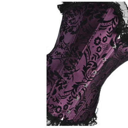 Purple Sexy Lace Up Satin Flower Jacquard Waist Trainer Corset Victorian Bustiers Lingerie Steampunk Boned Overbust Corselet