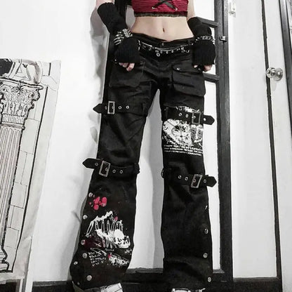 Y2K Punk Skull Print Black Buckle Jeans Women Harajuku High Waist Big Pocket Trousers Goth Mall Cargo Denim Pants Techwear w704