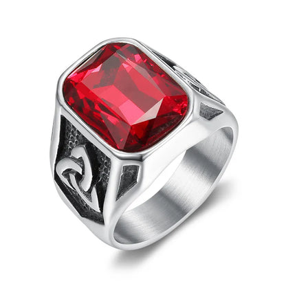 Fashion Viking Geometric Red Crystal Ruby Gemstones Diamonds Rings for Men Titanium Stainless Steel Hip Hop Jewelry Accessories