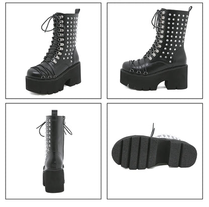 Gdgydh Handmade Women Motorcycle Punk Boots Mori Girl Lady Lolita Boots Woman High Top Boots Platform Fahion Rivets Goth Dark