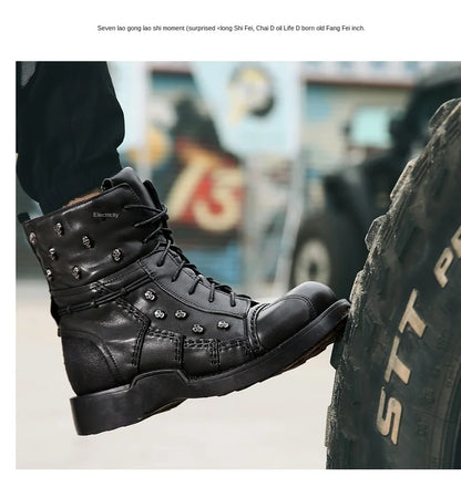 Men's Cowhide Genuine Leather Leather boots men shoes Motorcycle Boots Military Combat Boots Gothic Skull Steam Punk boots