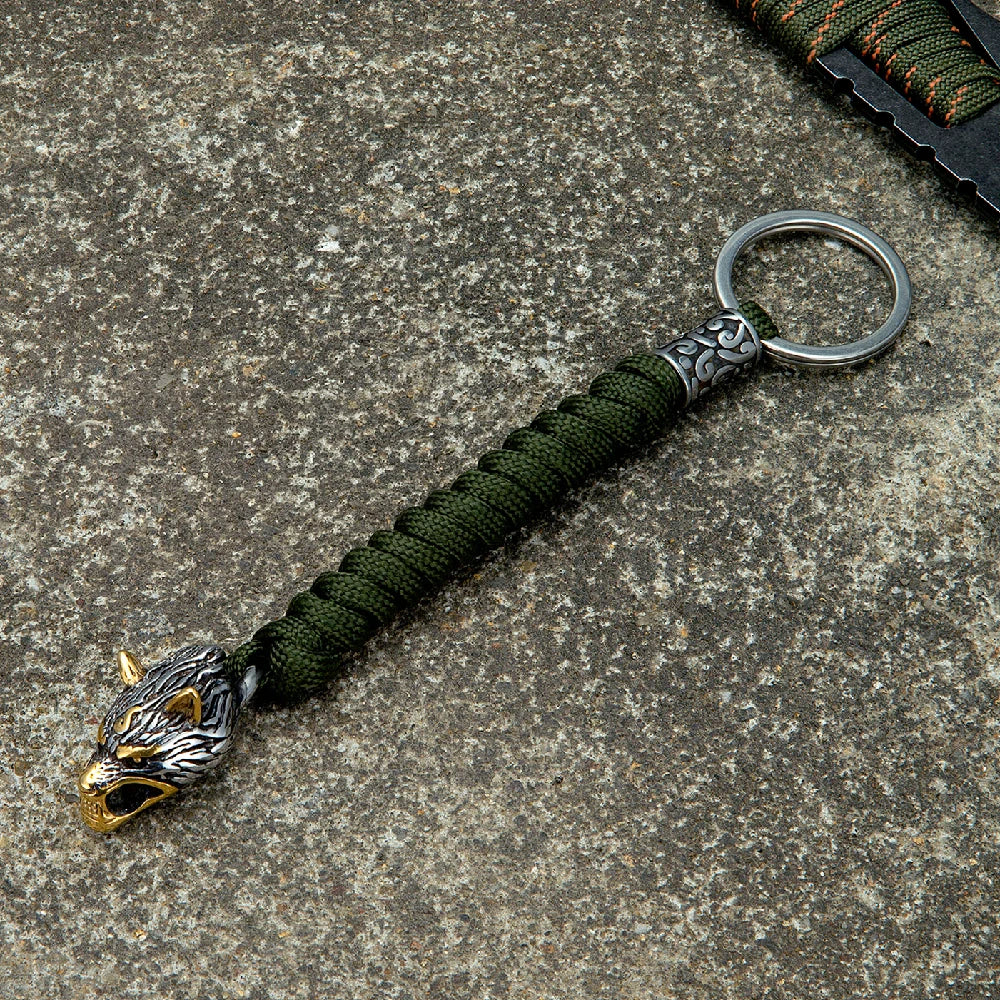 MKENDN Antique Viking Wolf Head Bead Paracord Knife Lanyad EDC Tactical Survival Keychain Lanyard Gift For Men