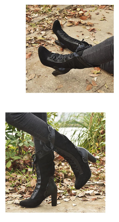 High Heel Boots Women Steampunk Women Sexy Leather Suede Boots Autumn Vintage Winter Shoes Women Lace Up Cosplay Boots