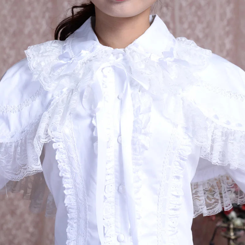 Spring Women White Shirt Vintage Victorian Ruffled Lace Blouse Ladies Gothic Tops Lolita Princess Costume Shawl Shirts 2 Pieces