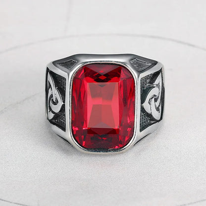 Fashion Viking Geometric Red Crystal Ruby Gemstones Diamonds Rings for Men Titanium Stainless Steel Hip Hop Jewelry Accessories