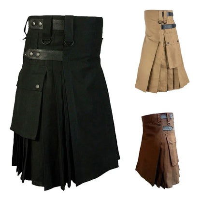 Mens Scottish Tartan Kilt Black Vintage Skirt Steampunk Clothing 2 Pocket Casual Autumn Scotland Men Clothing Trousers Skirts