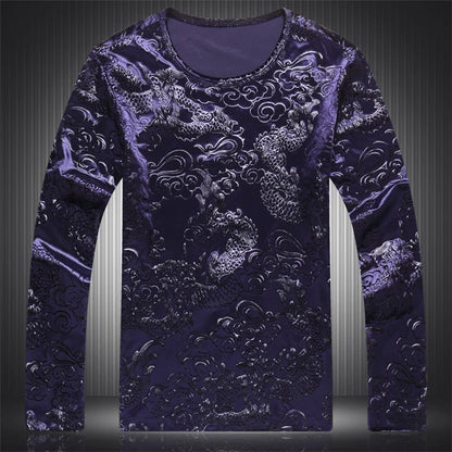 Lucky Cloud Dragon Jacquard T Shirt For Men Long Sleeve Easy Care Autumn High Quality Velour Fashion Casual Luxury T Shirt Homme