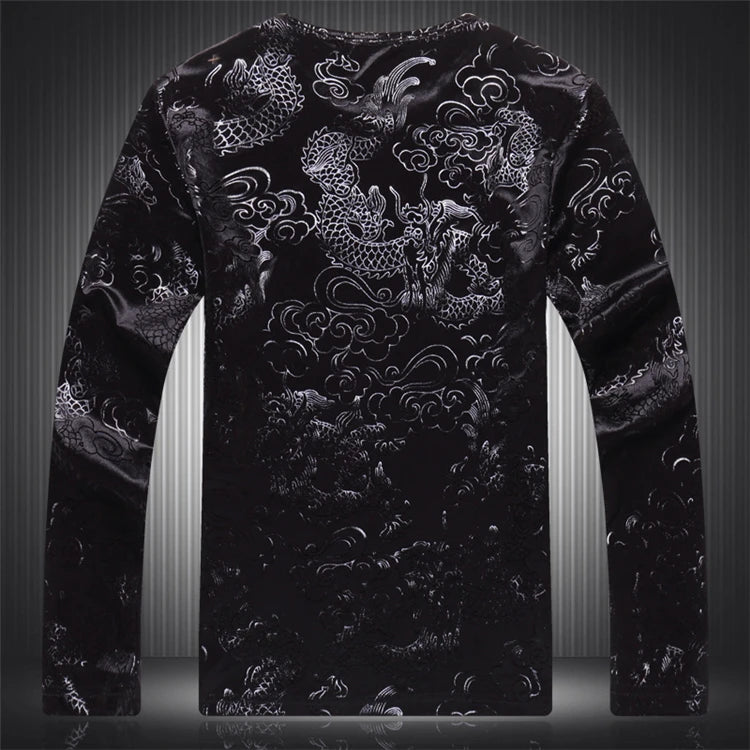 Lucky Cloud Dragon Jacquard T Shirt For Men Long Sleeve Easy Care Autumn High Quality Velour Fashion Casual Luxury T Shirt Homme