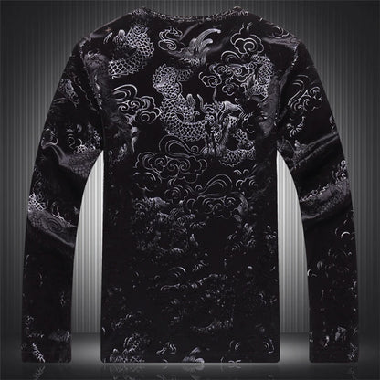 Lucky Cloud Dragon Jacquard T Shirt For Men Long Sleeve Easy Care Autumn High Quality Velour Fashion Casual Luxury T Shirt Homme