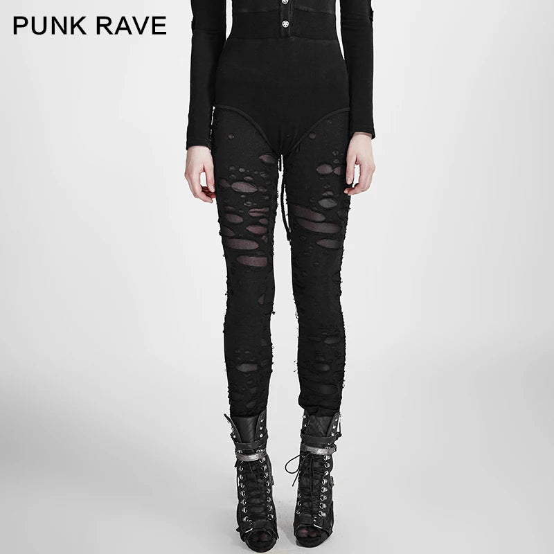 Punk Rave womens Gothic Stretchy Skinny Black Leggings ripped Steampunk S-XXL K099