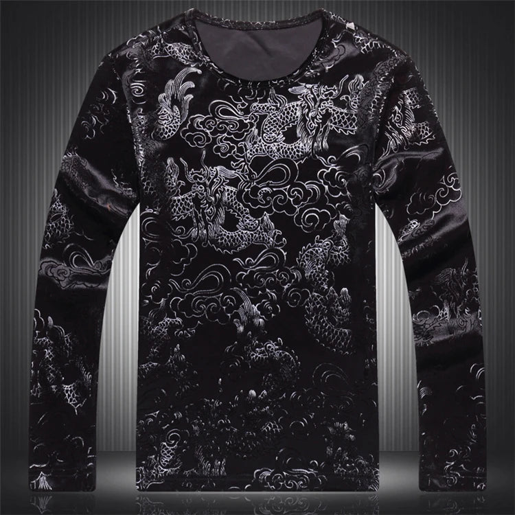 Lucky Cloud Dragon Jacquard T Shirt For Men Long Sleeve Easy Care Autumn High Quality Velour Fashion Casual Luxury T Shirt Homme