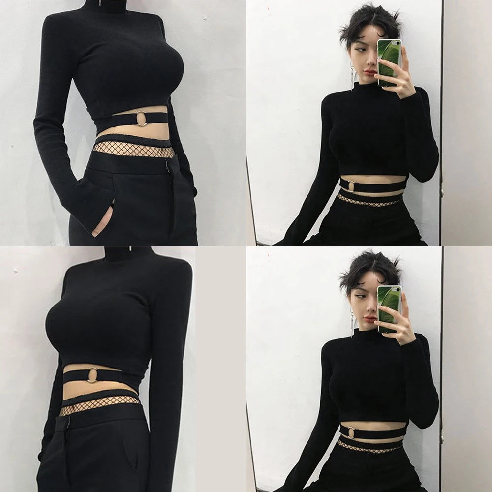 Women Slim Short T-shirt Sexy Tight Turtleneck Long Sleeve Goth Crop Top Solid Black Club Autumn Spring Streetwear Harajuku