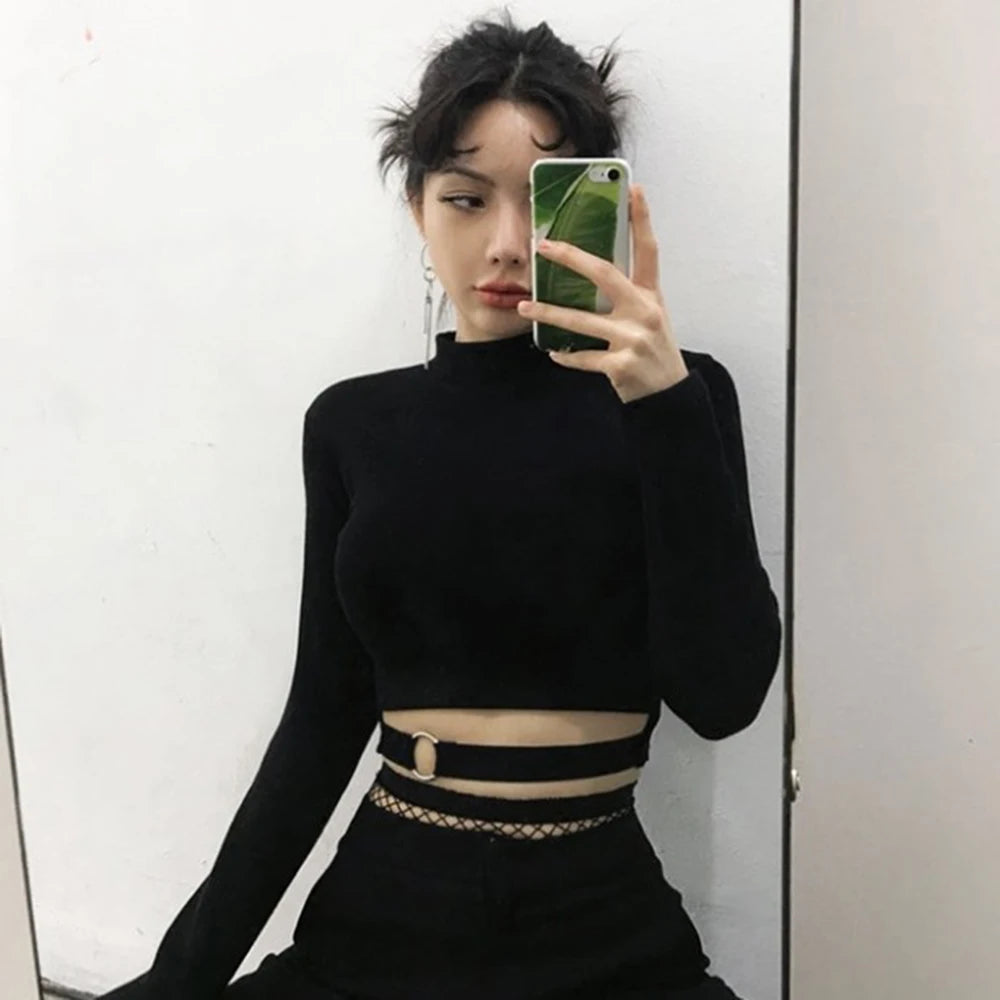 Women Slim Short T-shirt Sexy Tight Turtleneck Long Sleeve Goth Crop Top Solid Black Club Autumn Spring Streetwear Harajuku