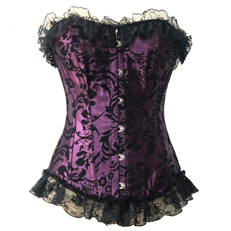 Purple Sexy Lace Up Satin Flower Jacquard Waist Trainer Corset Victorian Bustiers Lingerie Steampunk Boned Overbust Corselet