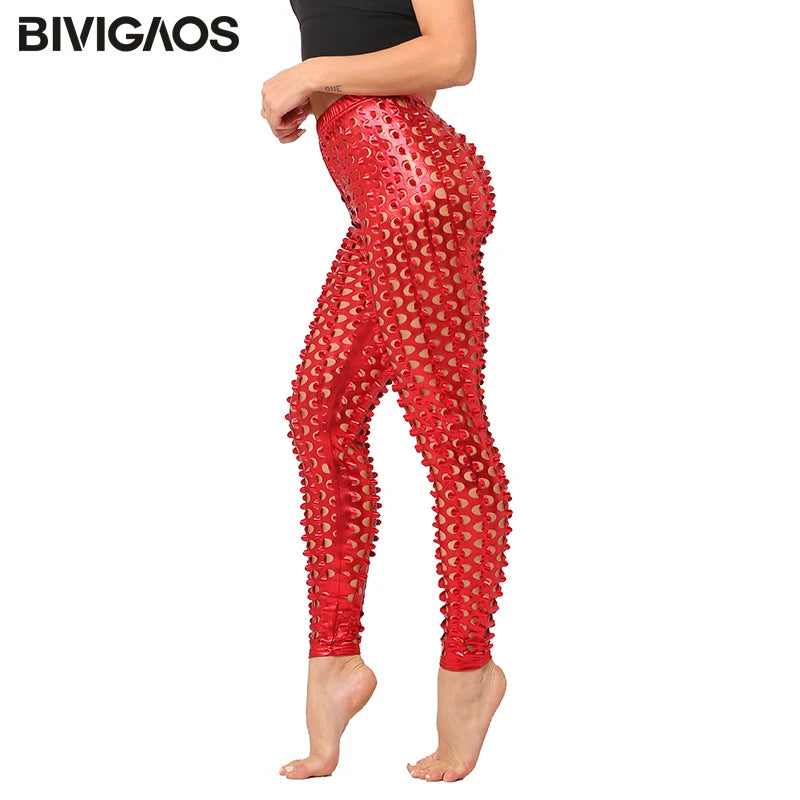 BIVIGAOS Women Sexy Leggings Rock Style Metal Holes Bright Faux Leather Leggings Fish Scales Legging Pants Gothic Leggings Women