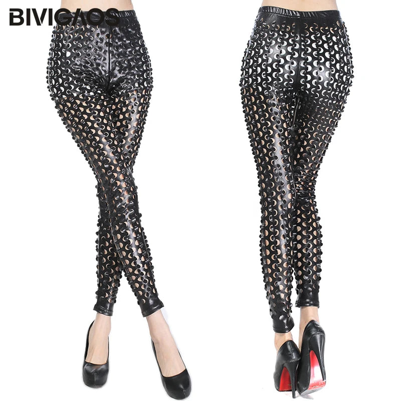 BIVIGAOS Women Sexy Leggings Rock Style Metal Holes Bright Faux Leather Leggings Fish Scales Legging Pants Gothic Leggings Women