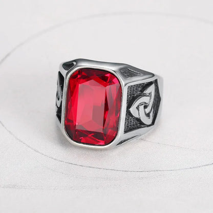 Fashion Viking Geometric Red Crystal Ruby Gemstones Diamonds Rings for Men Titanium Stainless Steel Hip Hop Jewelry Accessories