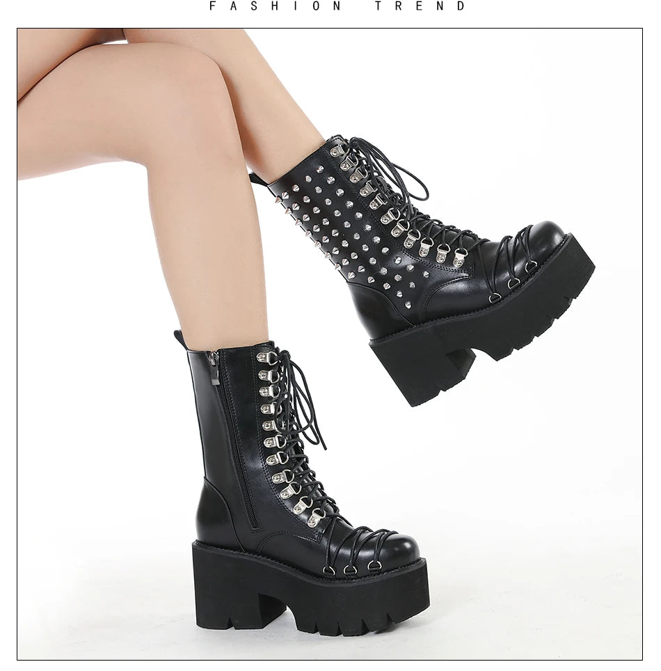 Gdgydh Handmade Women Motorcycle Punk Boots Mori Girl Lady Lolita Boots Woman High Top Boots Platform Fahion Rivets Goth Dark