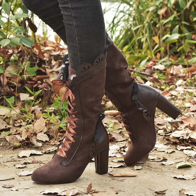 High Heel Boots Women Steampunk Women Sexy Leather Suede Boots Autumn Vintage Winter Shoes Women Lace Up Cosplay Boots