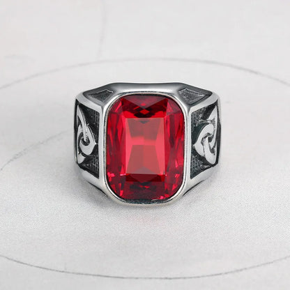 Fashion Viking Geometric Red Crystal Ruby Gemstones Diamonds Rings for Men Titanium Stainless Steel Hip Hop Jewelry Accessories