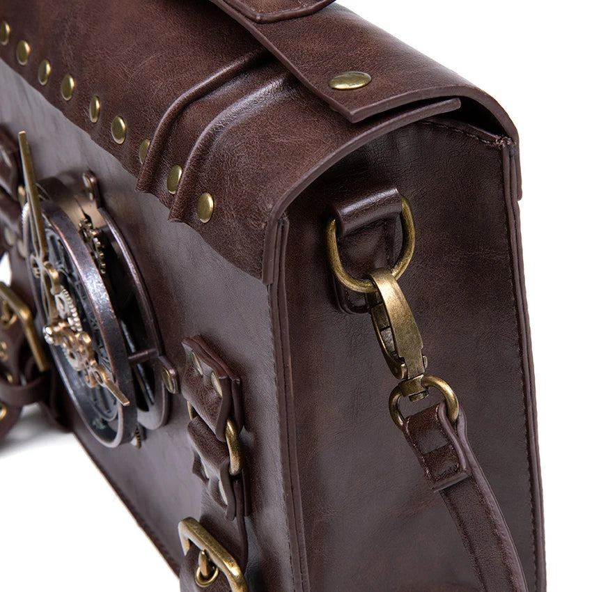 PU Leather Briefcase Shoulder Bag Medieval Steampunk Vintage Handbag Messenger Women's Clock Tote Crossbody Side Hand Bag Man