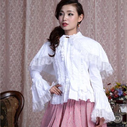 Spring Women White Shirt Vintage Victorian Ruffled Lace Blouse Ladies Gothic Tops Lolita Princess Costume Shawl Shirts 2 Pieces