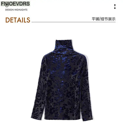 Women Winter Spring Basic Wear Elegant Office Lady Turtleneck Solid Color Warm Velvet Inside Black Lace Tops And Blouses