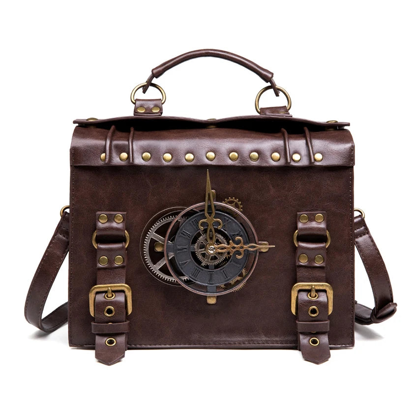 PU Leather Briefcase Shoulder Bag Medieval Steampunk Vintage Handbag Messenger Women's Clock Tote Crossbody Side Hand Bag Man