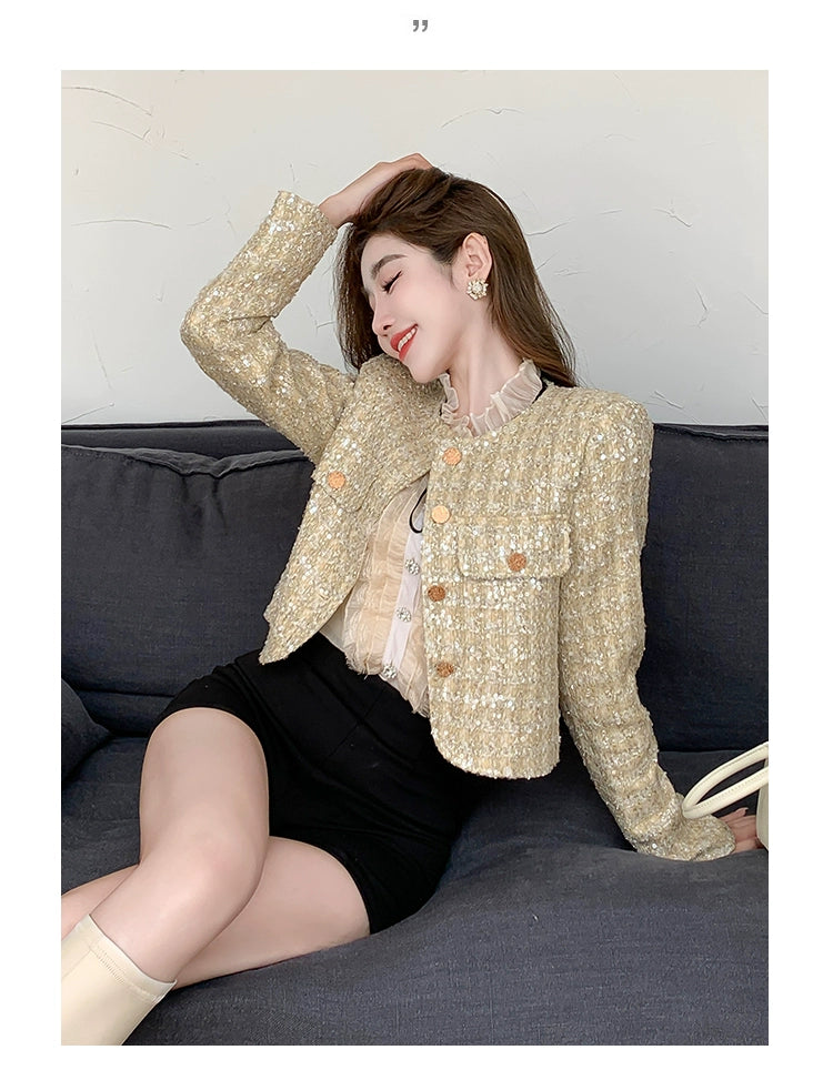 Classic Style Fashionable Girl Long Sleeve Chunky Short Sequins