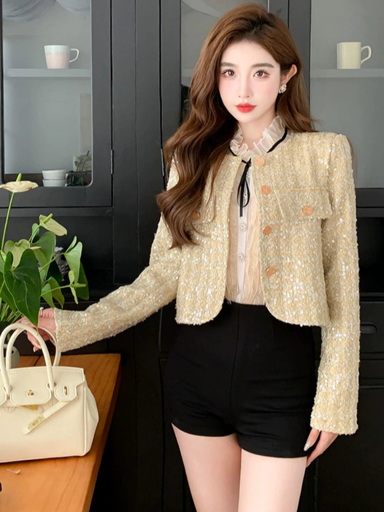 Classic Style Fashionable Girl Long Sleeve Chunky Short Sequins