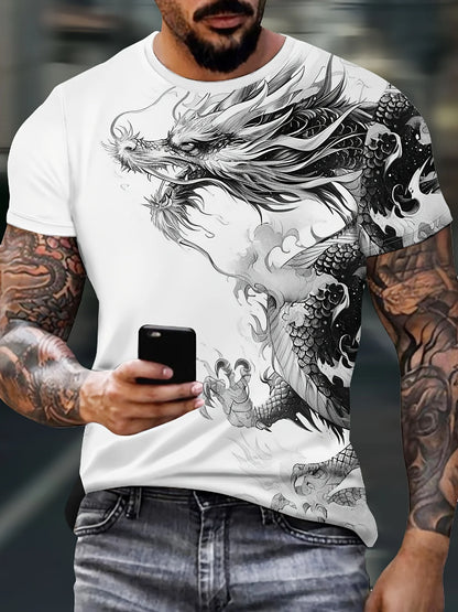 Men's Dragon Print T-Shirt Casual Breathable Fabric Graphic Tee Street Style Outdoor Fashion Short Sleeve Shirt Mens Tshirts