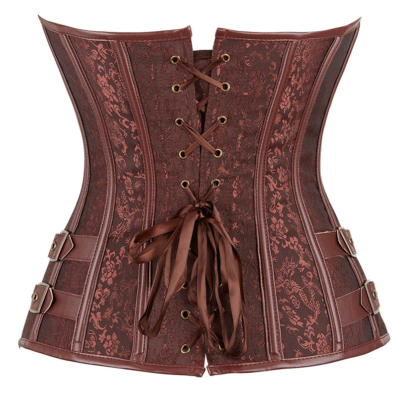 Waist Trainer Brocade Steampunk Jacquard Faux Leather Studded Overbust Brown Corset Bustier S-6XL